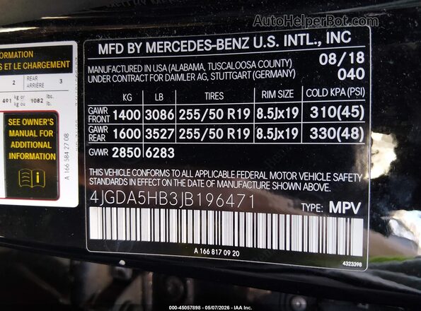 4JGDA5HB3JB196471 2018 MERCEDES-BENZ GLE 350 Black Vista del compartimento del motor