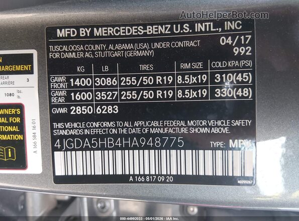 4JGDA5HB4HA948775 2017 MERCEDES-BENZ GLE 350 Gray Engine compartment view