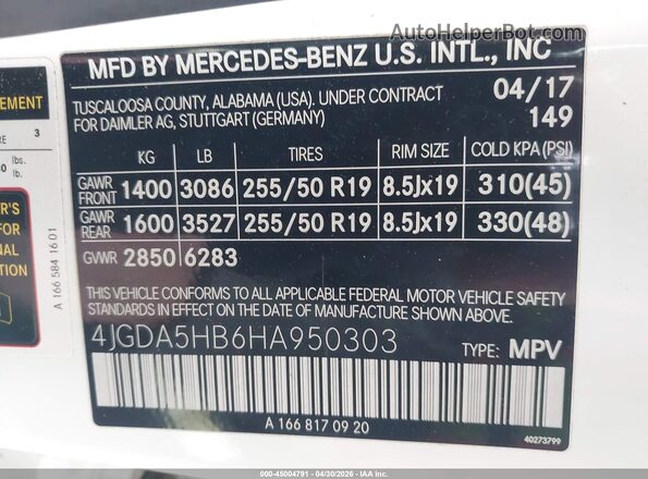 4JGDA5HB6HA950303 2017 MERCEDES-BENZ GLE 350 Белый Вид подкапотного пространства