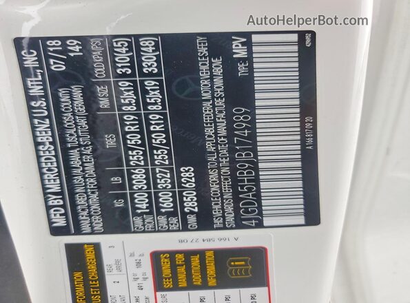 4JGDA5HB9JB174989 2018 MERCEDES-BENZ GLE Белый Вид наклейки с VIN-кодом