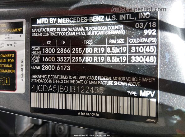 4JGDA5JB0JB122435 2018 MERCEDES-BENZ GLE 350 Gray Widok komory silnika