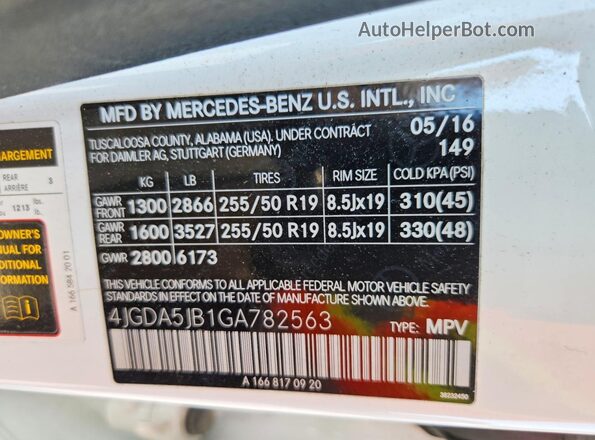 4JGDA5JB1GA782563 2016 MERCEDES-BENZ GLE White VIN կոդի պիտակի տեսք
