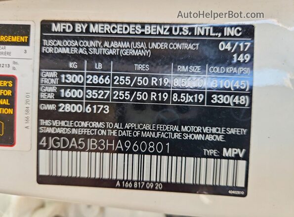 4JGDA5JB3HA960801 2017 MERCEDES-BENZ GLE White Vista de la etiqueta del VIN