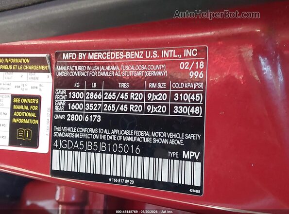 4JGDA5JB5JB105016 2018 MERCEDES-BENZ GLE 350 Burgundy Вид підкапотного простору