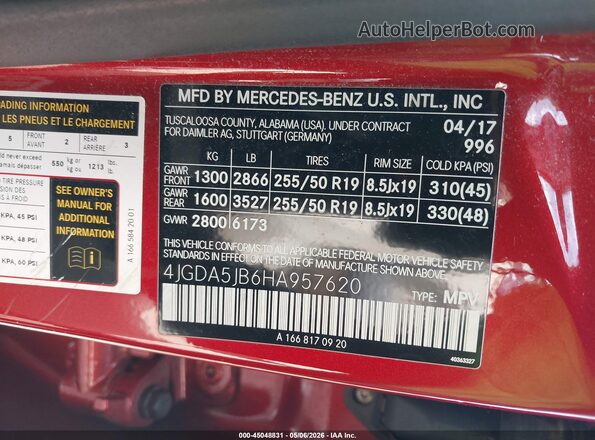 4JGDA5JB6HA957620 2017 MERCEDES-BENZ GLE 350 Red 
