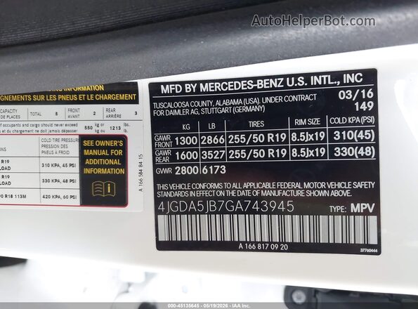 4JGDA5JB7GA743945 2016 MERCEDES-BENZ GLE 350 White Widok komory silnika