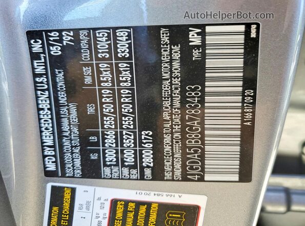 4JGDA5JB8GA783483 2016 MERCEDES-BENZ GLE Gray Вид наклейки з VIN-кодом