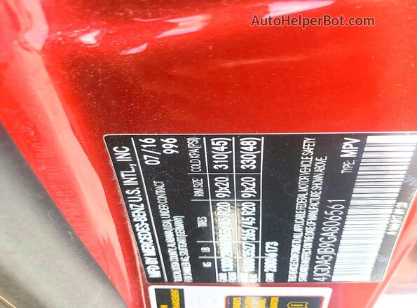 4JGDA5JB9GA806561 2016 MERCEDES-BENZ GLE Красный Вид наклейки с VIN-кодом