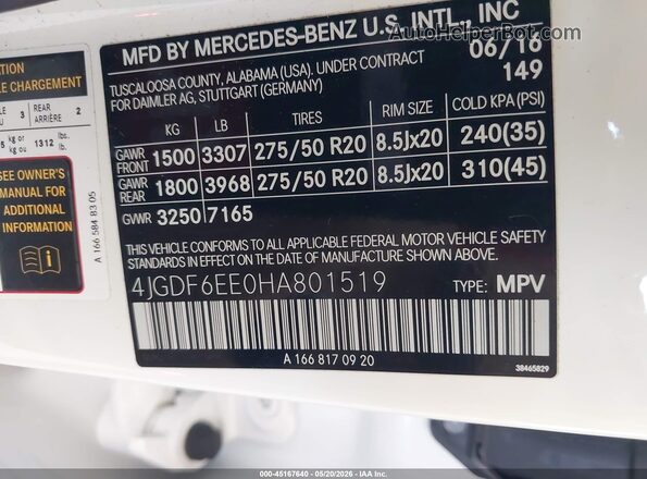 4JGDF6EE0HA801519 2017 MERCEDES-BENZ GLS 450 White Widok komory silnika