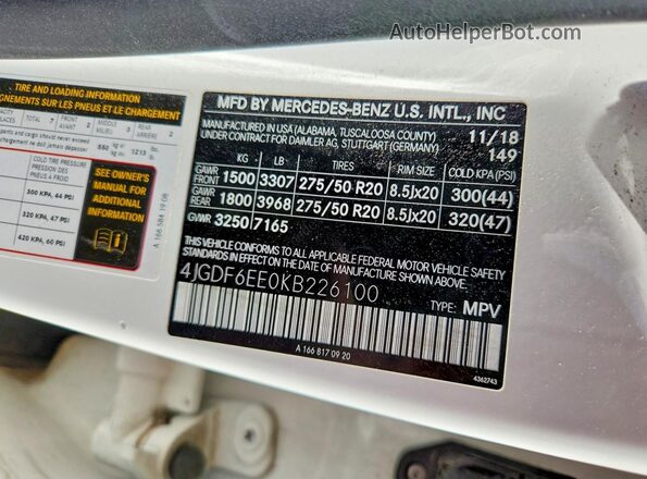 4JGDF6EE0KB226100 2019 MERCEDES-BENZ GLS White VIN կոդի պիտակի տեսք