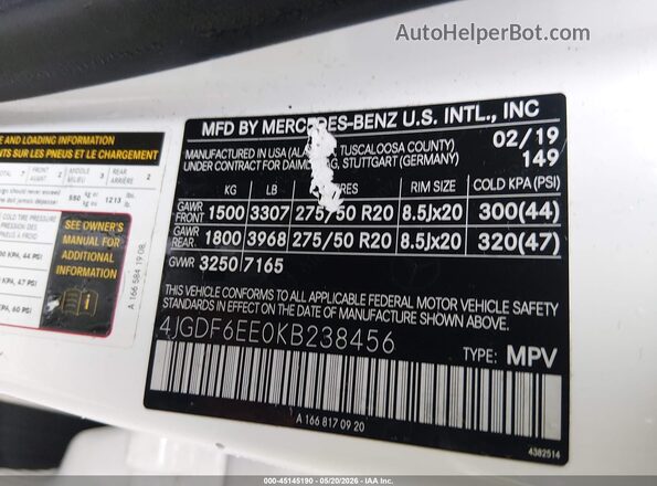 4JGDF6EE0KB238456 2019 MERCEDES-BENZ GLS 450 White Widok komory silnika