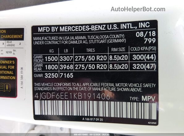 4JGDF6EE1KB191406 2019 MERCEDES-BENZ GLS 450 White ძრავის განყოფილების ხედი