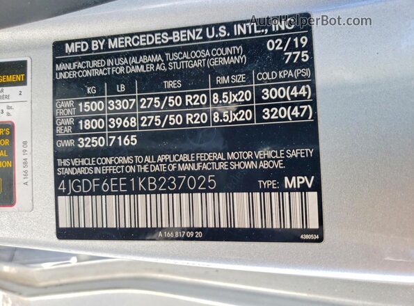 4JGDF6EE1KB237025 2019 MERCEDES-BENZ GLS Серебряный Вид наклейки с VIN-кодом