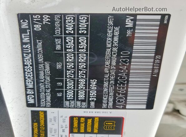 4JGDF6EE2GA642310 2016 MERCEDES-BENZ GL-CLASS White Vista de la etiqueta del VIN
