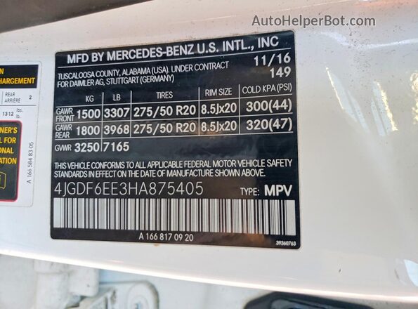 4JGDF6EE3HA875405 2017 MERCEDES-BENZ GLS White Widok naklejki z numerem VIN