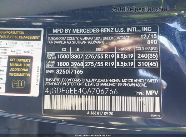 4JGDF6EE4GA706766 2016 MERCEDES-BENZ GL 450 Black Vista del compartimento del motor