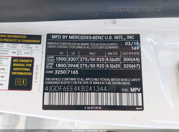 4JGDF6EE4KB241344 2019 MERCEDES-BENZ GLS 450 White Widok komory silnika