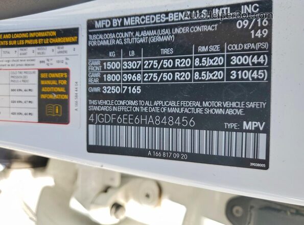 4JGDF6EE6HA848456 2017 MERCEDES-BENZ GLS White VIN კოდის სტიკერის ხედი