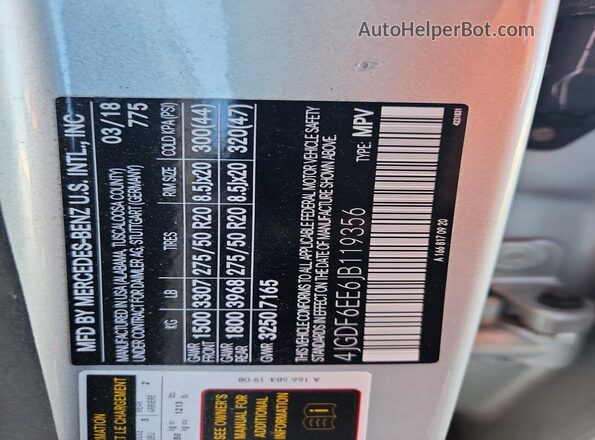 4JGDF6EE6JB119356 2018 MERCEDES-BENZ GLS Silver Vista de la etiqueta del VIN