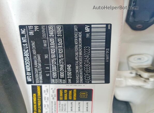 4JGDF6EE8GA640223 2016 MERCEDES-BENZ GL-CLASS White VIN კოდის სტიკერის ხედი