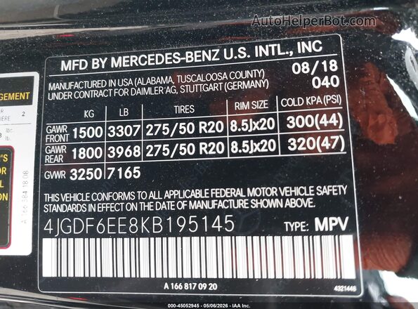 4JGDF6EE8KB195145 2019 MERCEDES-BENZ GLS 450 Black Widok komory silnika