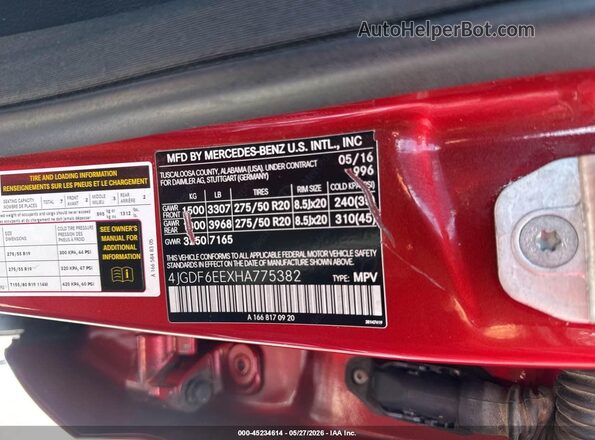 4JGDF6EEXHA775382 2017 MERCEDES-BENZ GLS 450 Red Vista del compartimento del motor