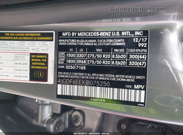 4JGDF6EEXJB075250 2018 MERCEDES-BENZ GLS 450 Gray ძრავის განყოფილების ხედი