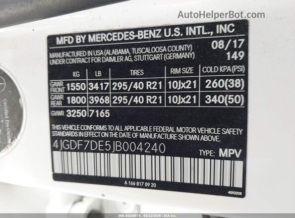 4JGDF7DE5JB004240 2018 MERCEDES-BENZ GLS 550 White Engine compartment view