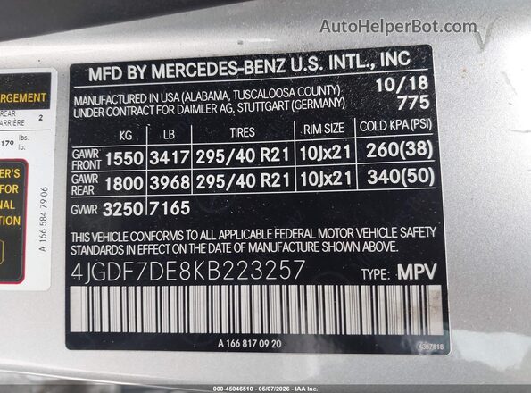 4JGDF7DE8KB223257 2019 MERCEDES-BENZ GLS 550 Silver ძრავის განყოფილების ხედი