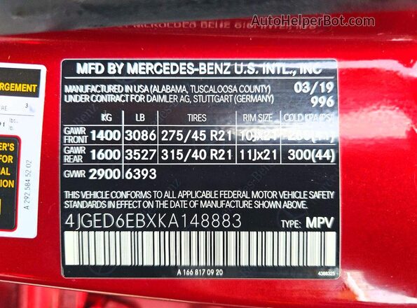4JGED6EBXKA148883 2019 MERCEDES-BENZ GLE Red უკანა სავარძლების ხედი