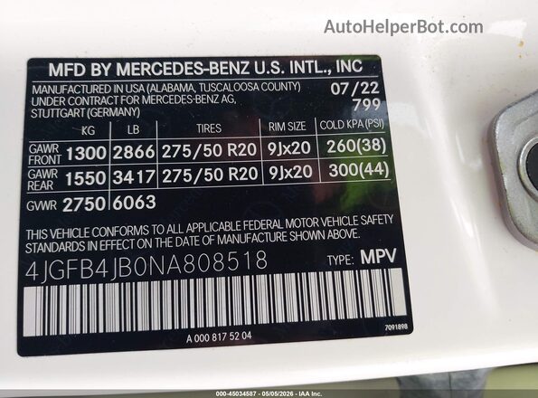 4JGFB4JB0NA808518 2022 MERCEDES-BENZ GLE 350 White Вид підкапотного простору