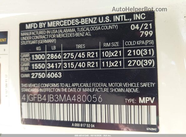 4JGFB4JB3MA480056 2021 MERCEDES-BENZ GLE 350 White Widok komory silnika