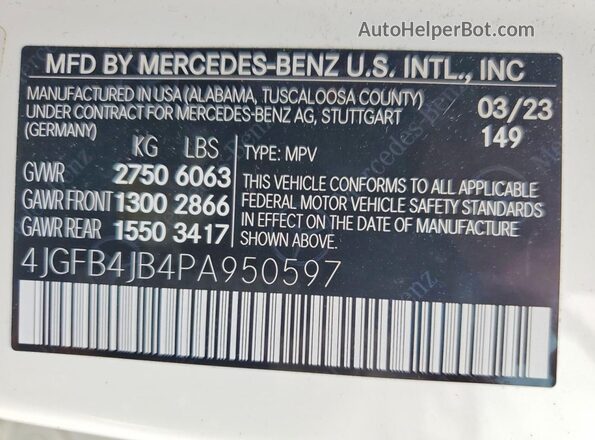 4JGFB4JB4PA950597 2023 MERCEDES-BENZ GLE Белый Вид наклейки с VIN-кодом