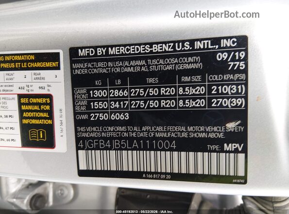 4JGFB4JB5LA111004 2020 MERCEDES-BENZ GLE 350 Silver Vista del compartimento del motor