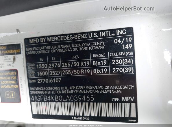 4JGFB4KB0LA039465 2020 MERCEDES-BENZ GLE 350 White ძრავის განყოფილების ხედი