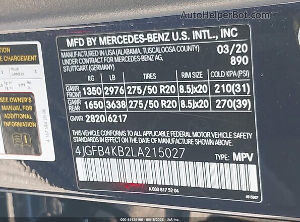 4JGFB4KB2LA215027 2020 MERCEDES-BENZ GLE 350 Dark Blue Widok komory silnika