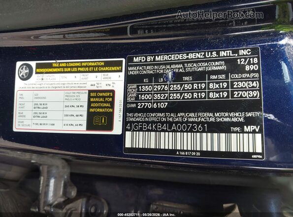 4JGFB4KB4LA007361 2020 MERCEDES-BENZ GLE 350 Dark Blue Engine compartment view