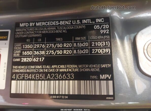 4JGFB4KB5LA236633 2020 MERCEDES-BENZ GLE 350 Gray Engine compartment view
