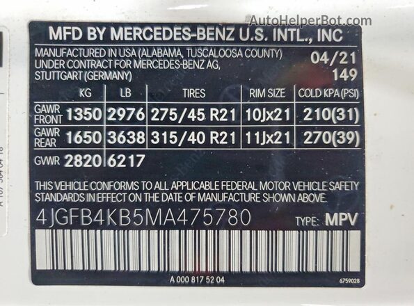 4JGFB4KB5MA475780 2021 MERCEDES-BENZ GLE White 
