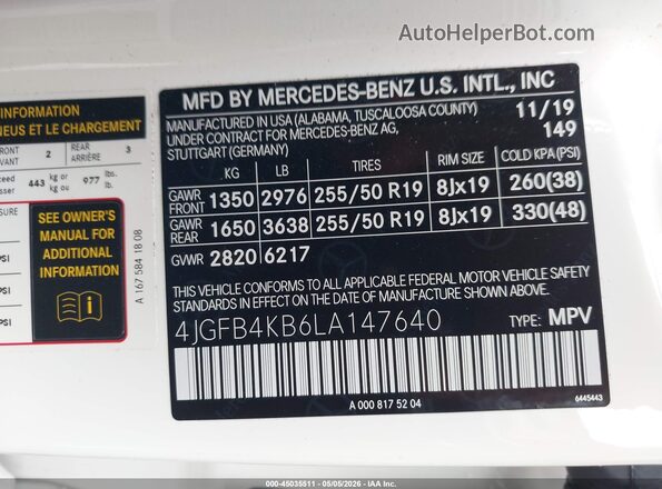 4JGFB4KB6LA147640 2020 MERCEDES-BENZ GLE 350 White ძრავის განყოფილების ხედი