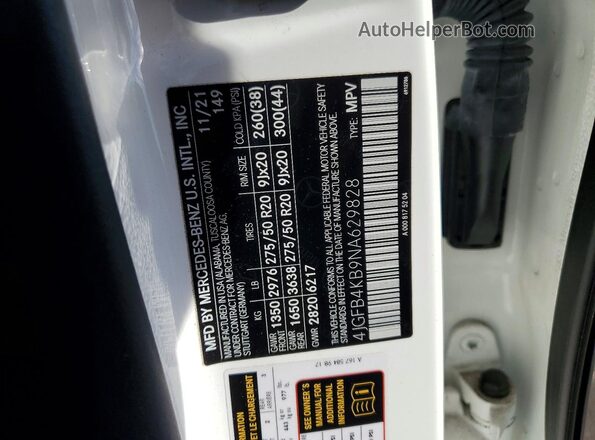 4JGFB4KB9NA629828 2022 MERCEDES-BENZ GLE White Vista de la etiqueta del VIN