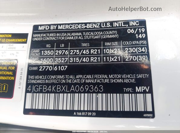 4JGFB4KBXLA069363 2020 MERCEDES-BENZ GLE 350 White Widok komory silnika
