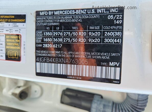 4JGFB4KBXNA763005 2022 MERCEDES-BENZ GLE Белый Вид наклейки с VIN-кодом