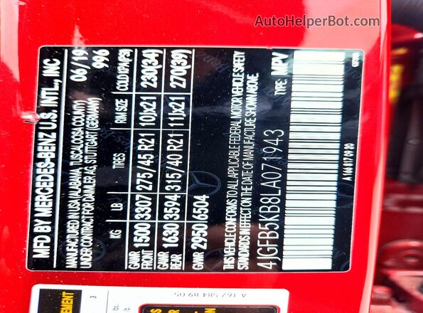 4JGFB5KB8LA071943 2020 MERCEDES-BENZ GLE Red 