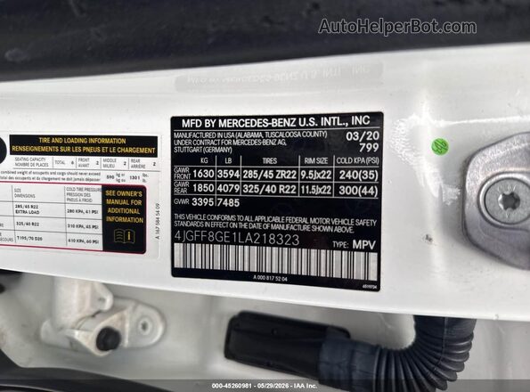 4JGFF8GE1LA218323 2020 MERCEDES-BENZ GLS 580 White Вид підкапотного простору