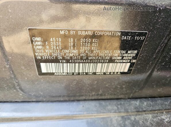4S3BNAA66J3023639 2018 SUBARU LEGACY Gray Vista de la etiqueta del VIN