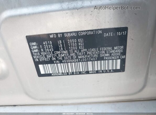 4S3BNAB61J3017407 2018 SUBARU LEGACY Серебряный Вид подкапотного пространства