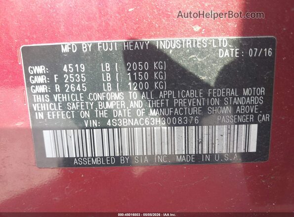 4S3BNAC63H3008376 2017 SUBARU LEGACY Красный Вид подкапотного пространства
