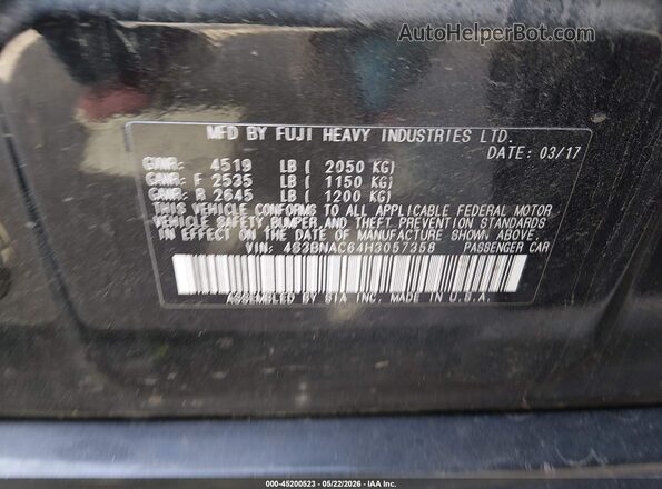 4S3BNAC64H3057358 2017 SUBARU LEGACY Black Vista del compartimento del motor