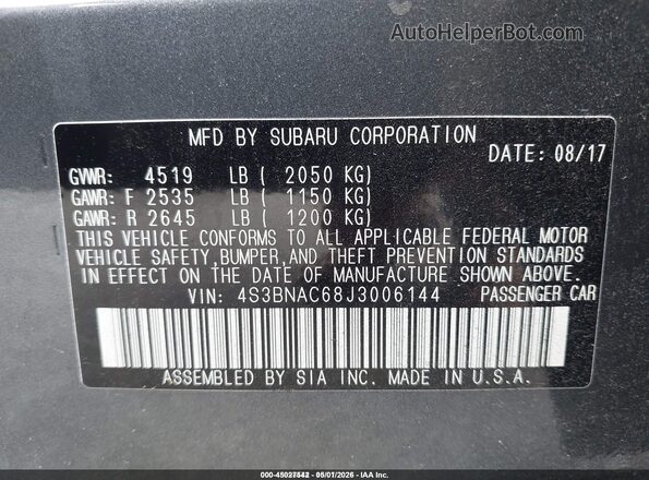 4S3BNAC68J3006144 2018 SUBARU LEGACY Gray ძრავის განყოფილების ხედი